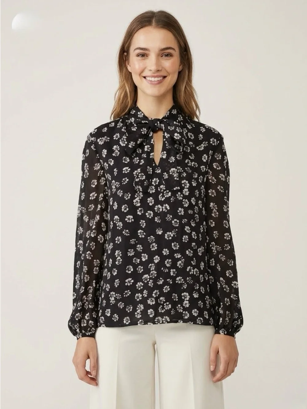 Tory Burch Emma 100% Silk Floral Print Tie Neck Blouse, Black and Purple, Size 8